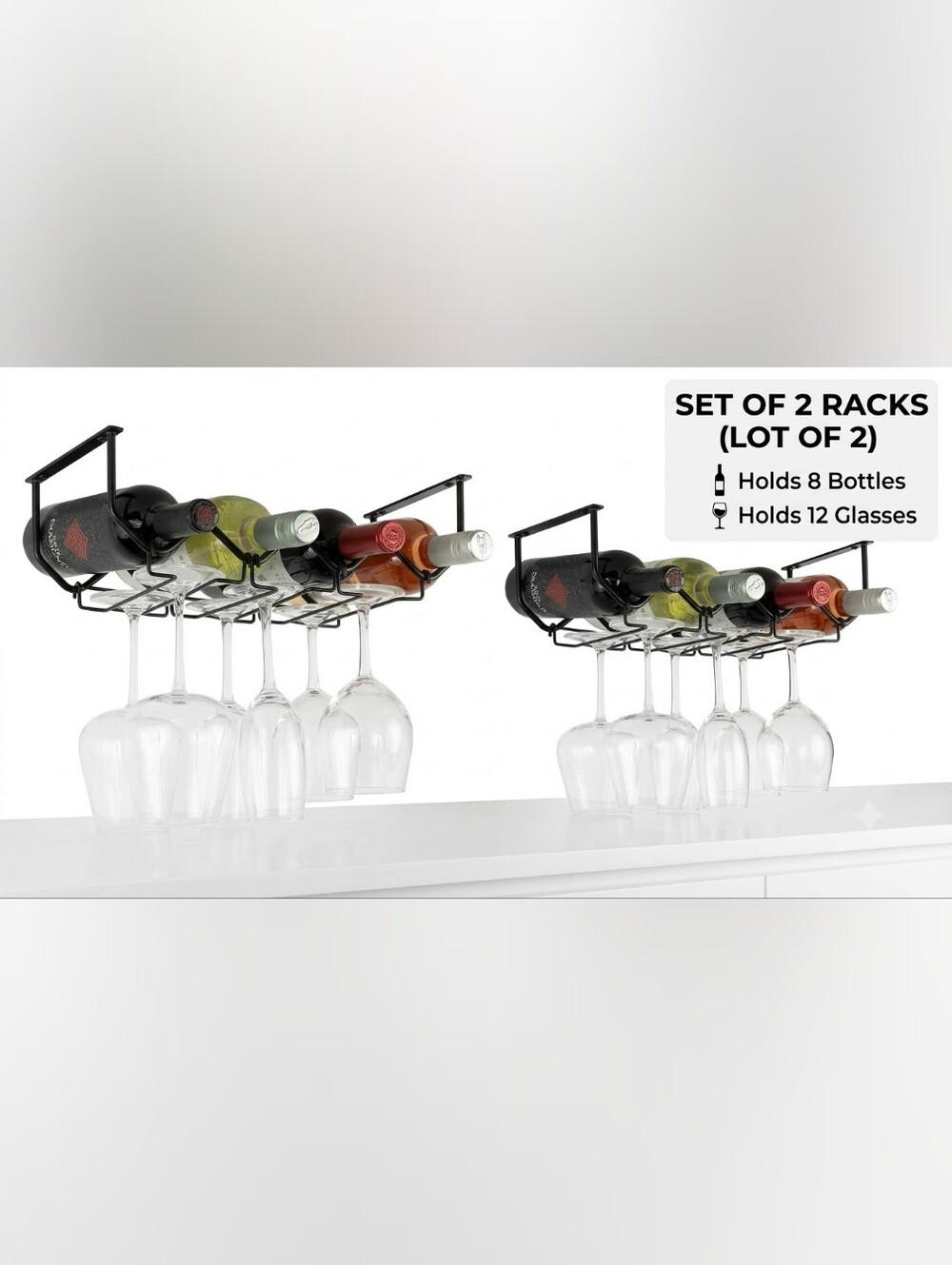 Set of 2 Under Cabinet Black Metal Wine Rack Holder 8 Bottle 12 Glass Stemware
